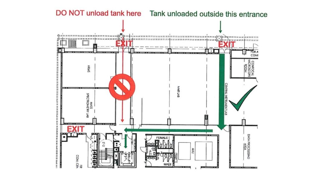 Tuyến đường được khuyến nghị tại tầng 1 để dỡ hàng và vận chuyển các bình nitơ lỏng vào tòa nhà CBC