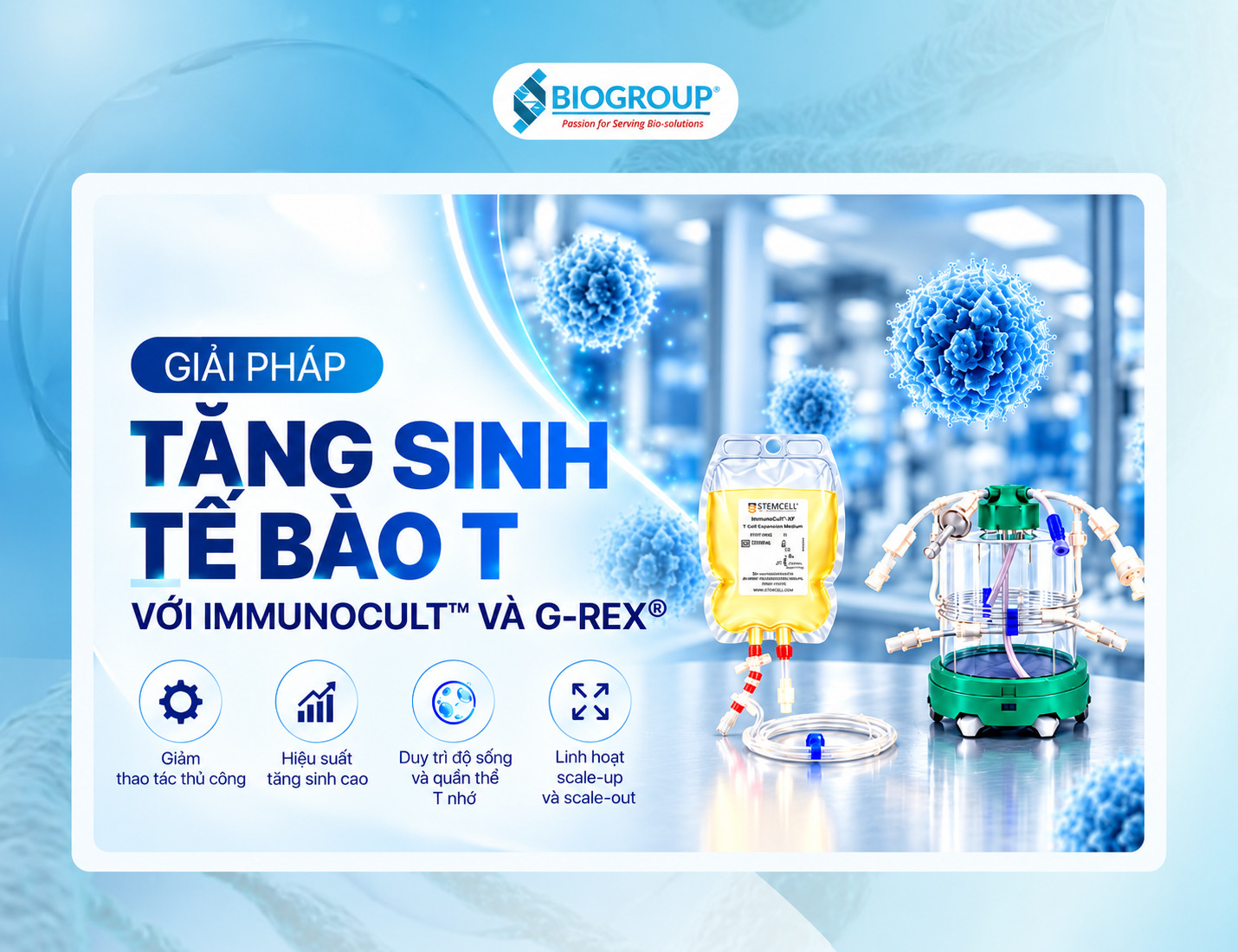 Cách nuôi tăng sinh tế bào T trong hệ thống nuôi tăng sinh G-Rex® bằng phương pháp nuôi cấy hạn chế can thiệp